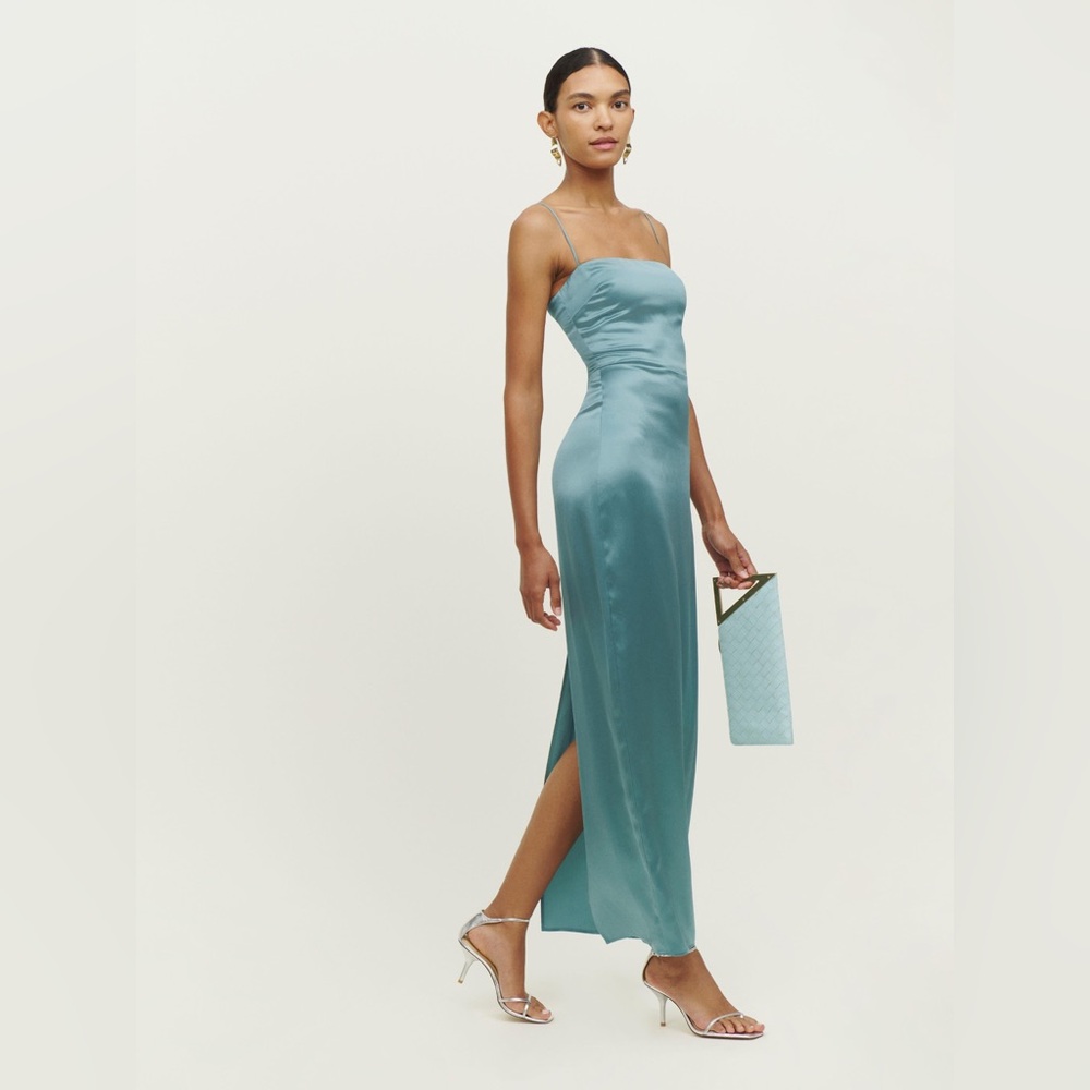 Reformation Frankie Silk Blue Verdigris Slit Dress